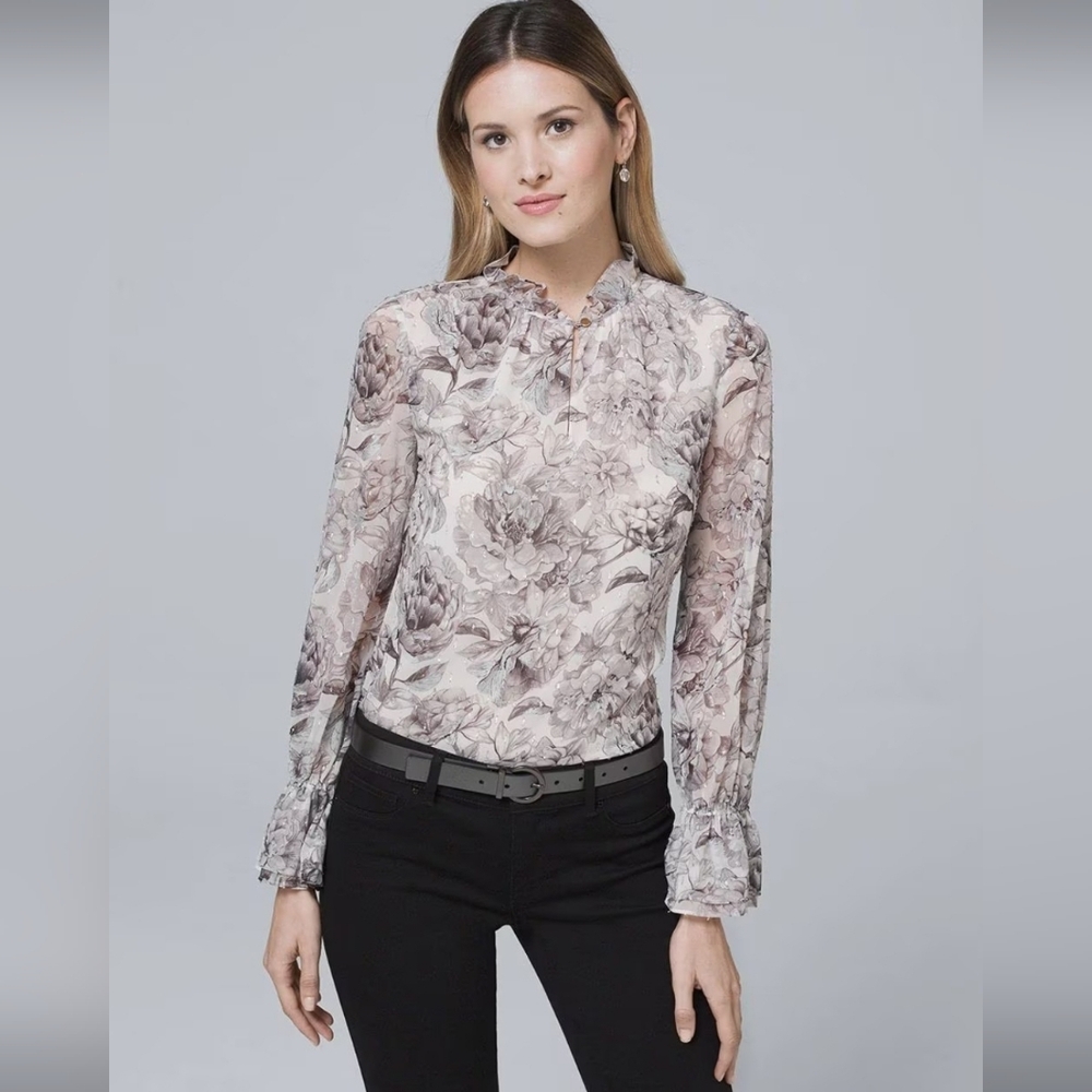 ❤️ NWOT! WHITE HOUSE BLACK MARKET FLORAL RUFFLE TRIM BLOUSE / TOP, 4